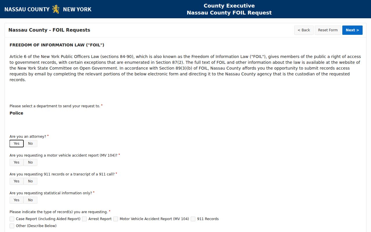 Nassau County arrest records NCPD electronic FOIL form