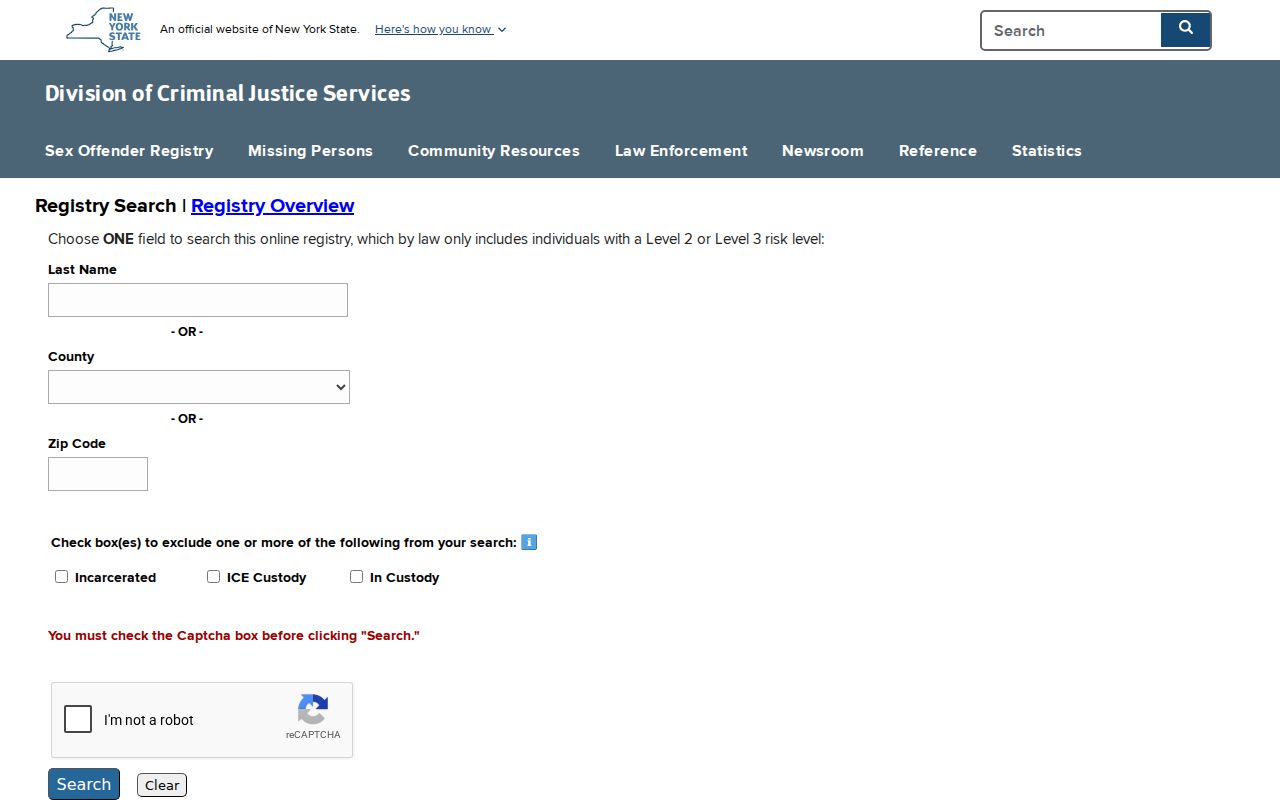 Nassau County sex offender registry Level 2 and Level 3 search fields