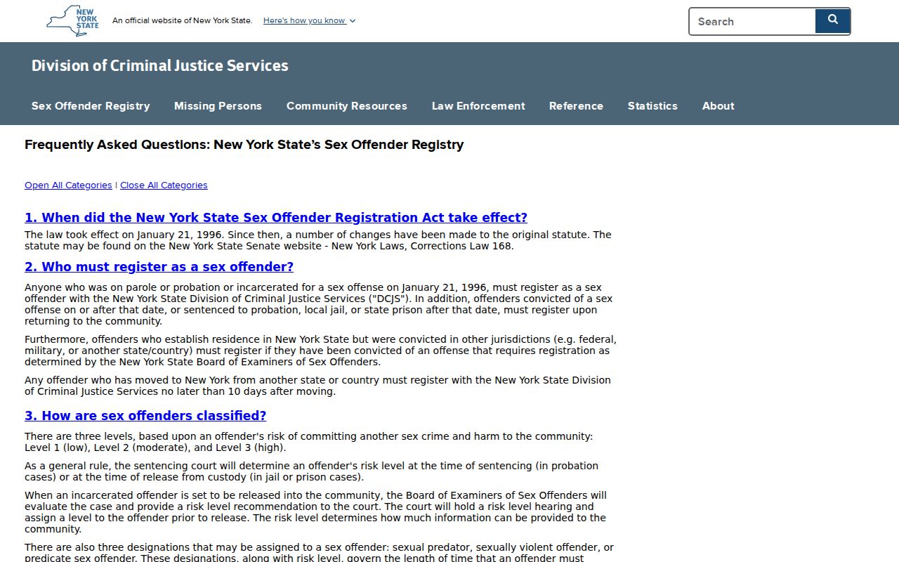 New York risk levels used in a Nassau County sex offender check